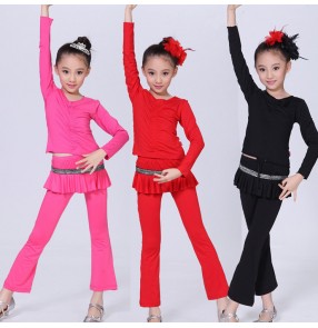 Black red Hot pink fuchsia yellow blue turquoise cotton spandex long sleeves girls kids children school play gymnastics performance latin salsa cha dance oufits costumes